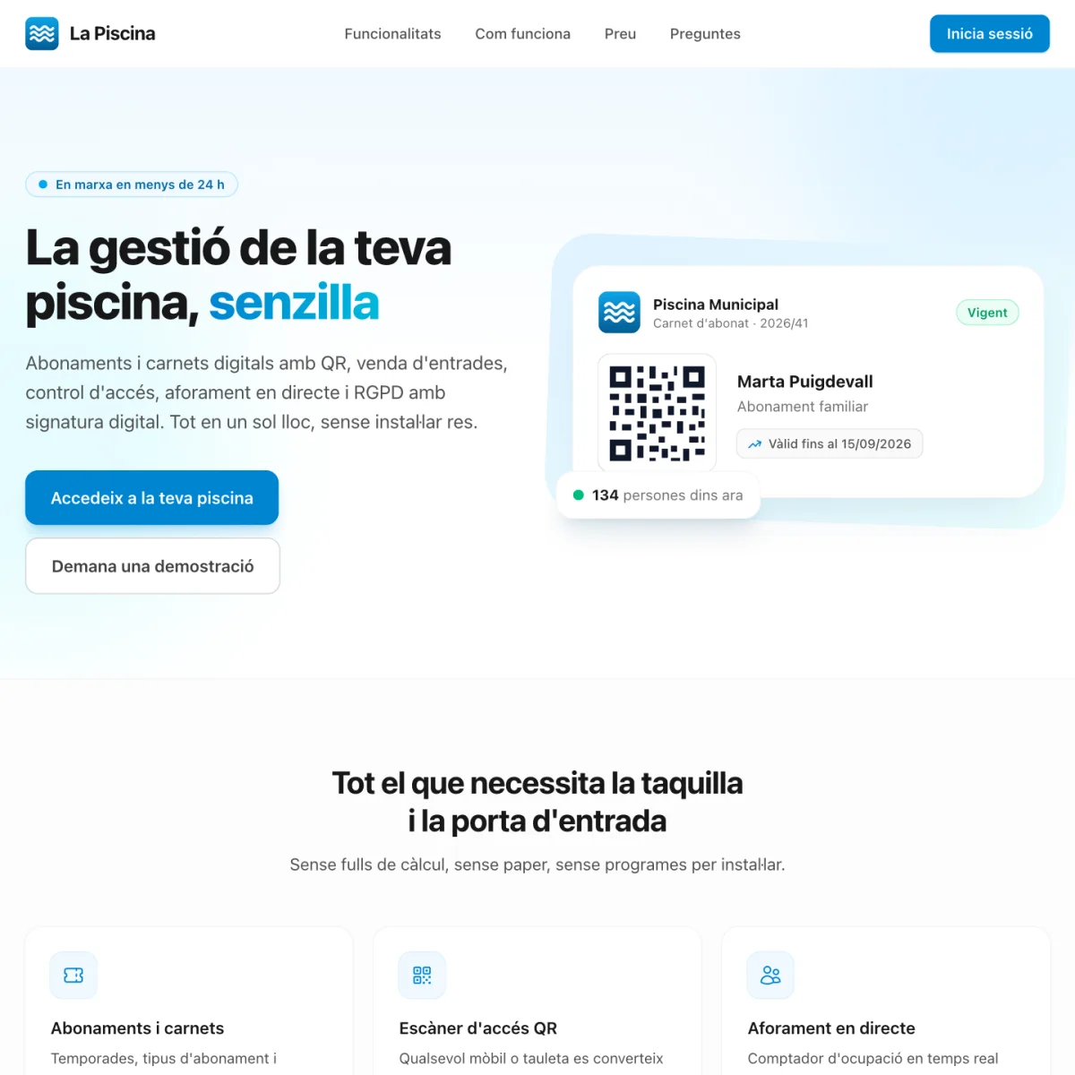 Portada de La Piscina amb un carnet digital QR i l’aforament en directe