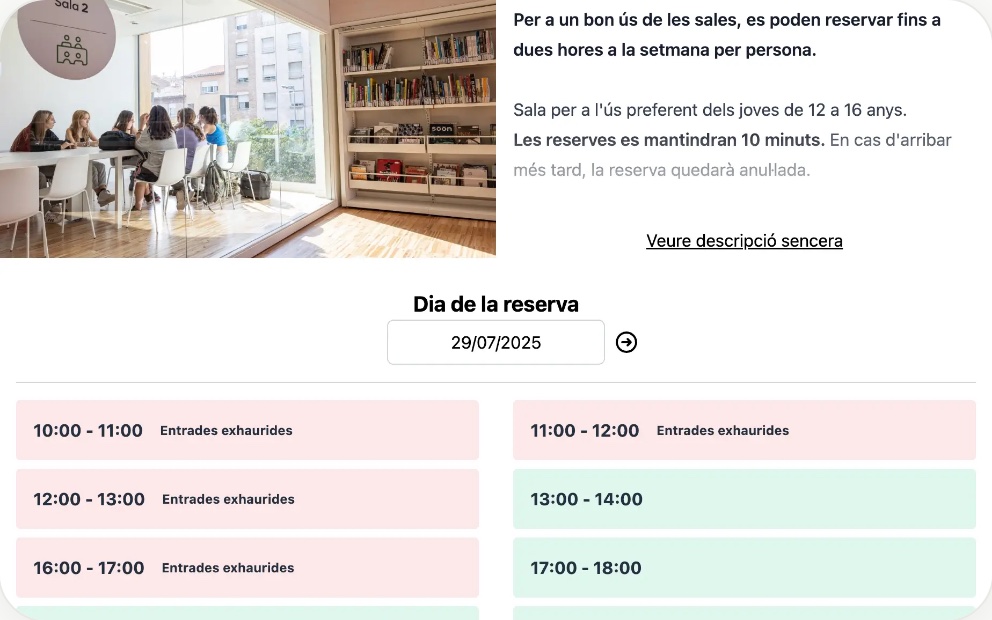 Reserva de una sala con Loriun, con franjas horarias libres y agotadas