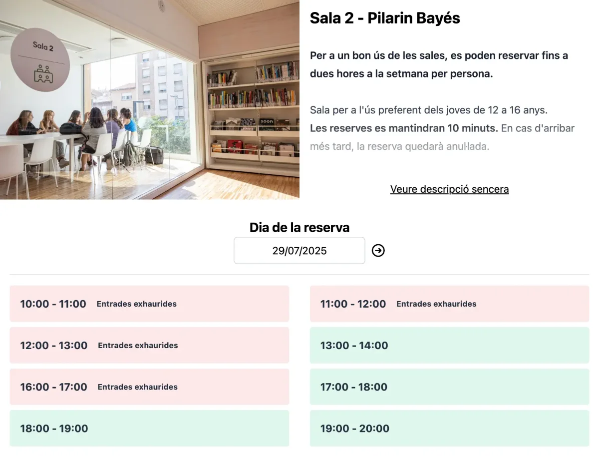 Pantalla de reserva d’espais de Loriun amb franges horàries disponibles